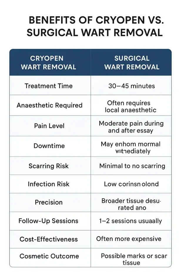 Table showing the benefits of cryopen to remove warts Rochester compared to surgical treatment